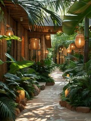 Tropical Resort Pathway Surrounded by Lush Greenery and Hanging Lanterns