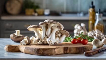 A selection of fresh vegetable: oyster mushrooms, sitting on a chopping board against blurred kitchen background; copy space