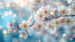 Beautiful spring background with blooming cherry blossoms and bokeh light effect. Springtime wallpaper design with white flowers on a blue sky background. Created with Ai