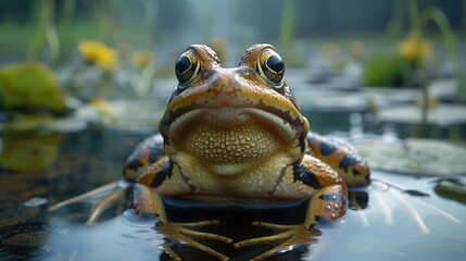 Wall Mural - Frog croaking loudly from the edge of a tranquil pond, its call echoing through the stillness of the night.