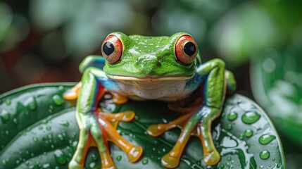 Wall Mural - Close-up of a vibrant tree frog clinging to a rainforest leaf, its colorful markings standing out against the green foliage.