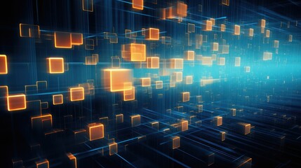 Poster - abstract digital matrix of glowing lines and geometric shapes,