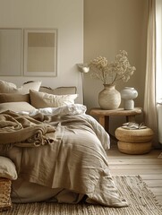 Canvas Print - Cozy Bedroom with Neutral Linen Bedding and Rustic Decor