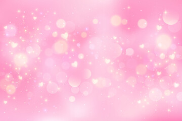 Wall Mural - Pink lovely background with hearts bokeh and glitter. Pastel vector fantasy gradient for Valentine Day. Romantic blurred sky with sparkles and stars