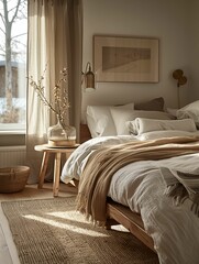 Canvas Print - Cozy Bedroom Interior with Natural Light and Textured Decor