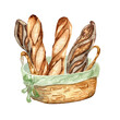 Straw basket with baguettes watercolor illustration isolated on white background. Rye loaf French bread hand drawn. Drawn bread for signage. Element for design trade, bakery, grocery store
