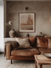 Canvas Print - Cozy Living Room Interior with Brown Leather Sofa and Modern Decor