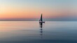 Lone sailboat, horizon line, close-up, low angle, minimalist seascape, sunset calm -