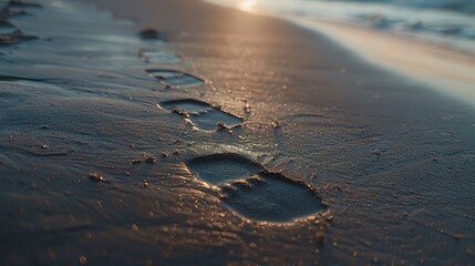 Poster - Footprints fading in wet sand, close-up, straight-on shot, ephemeral journey, peaceful evening 