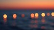 Fishing lights on horizon, dusk, close-up, low angle, distant bokeh, ocean twilight