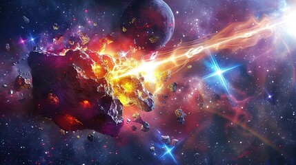 Space abstract background, burning comet, flash, laser through the stone, bright colors