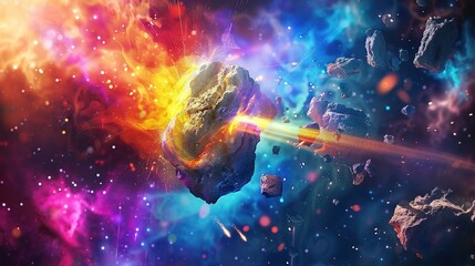 Space abstract background, burning comet, flash, laser through the stone, bright colors