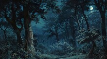 Night Forests: Scenes Depicting Forests Under Moonlight Or In The Twilight, Focusing On The Interplay Of Light And Darkness. 