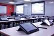Modern classroom with digital tablets on tables