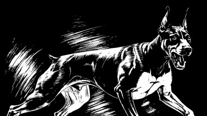 doberman: black and white illustration.doberman barks: a dynamic illustration.doberman is a bright p