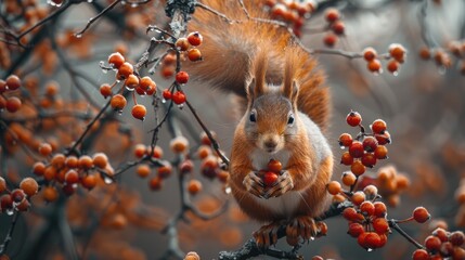Wall Mural - Eurasian Red Squirrel Hanging Upside Down from a Tree Branch, Its Furry Belly Exposed as It Feasts on Berries.