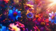 A Vibrant Patch Of Flowers Their Petals A Kaleidoscope Of Colors Red Blue Purple And Gold. Each Blossom Emits A Gentle Golden Glow . .