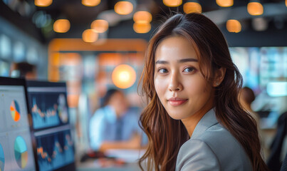 Poster - stylish asian businesswoman analyzing financial reports on desktop analytics software