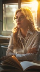 Poster - A woman is seated at a table, reading an open book in a cozy indoor setting. She appears focused and engaged in the content of the book.