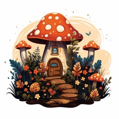 Poster - Generative AI An enchanting cottage adorned with fairy lights and surrounded by whimsical mushrooms.