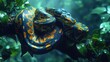Reticulated Python Coiled Around a Tree Branch, Camouflaged Among the Lush Green Leaves of the Rainforest.