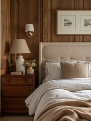 Wall Mural - Elegant Bedroom Interior with Wooden Paneling and Cozy Bedding