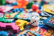 Colorful board game pieces and dice scattered on a board with a vibrant design.