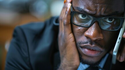 Poster - A man wearing glasses is engaged in a phone call, talking attentively while holding a cell phone to his ear. He appears focused and professional in his communication.