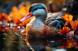 A vibrant orange duck with vivid plumage, gracefully gliding across a reflective surface, the warm hues of the orange contrasting beautifully against the calm water underneath.