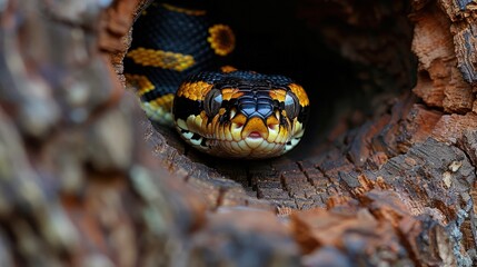 Wall Mural - Ball Python Coiled Comfortably in the Hollow of a Tree Trunk, Taking Shelter from the Midday Heat