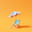 Beach umbrella with chairs on orange background. summer vacation concept. 3d rendering