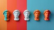 Classical ancient marble gypsum stoic, roman, greek bust, busts head sculpture against a colored background representing historical figures 