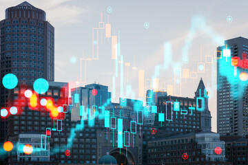 Wall Mural - Cityscape with futuristic holographic overlay, light effects, and financial data. Double exposure