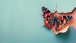 A humorous butterfly peers through a ripped hole in a contrast pastel color paper background, Ai Generated