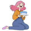 young mother is sitting laughing happily carrying tart cake, a pleasant birthday surprise