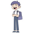 Schoolboy boy in uniform is happily going to school in spring