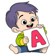 little boy is sitting studying the alphabet, initial A