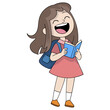 elementary school little girl is reading a humor book while laughing out loud