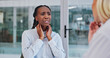 © peopleimages.com - Hospital, sore throat or black woman consulting doctor for thyroid questions, worry or examination. Healthcare, service or patient with ENT specialist for virus stress, allergies or breathing problem