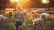A child plays with piglets in the countryside.