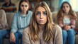 © tashechka - Focused portrait of a worried young woman during a group therapy session, with blurred participants in the background.