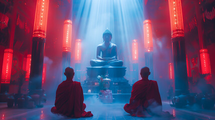 Buddhist monks engaging near serene Buddha statue. Harmony and Serenity Concept. Generative AI.