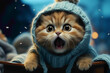 An adorable kitty wearing a cozy winter sweater and a knitted hat, joyfully leaping in the air against a soothing blue background.