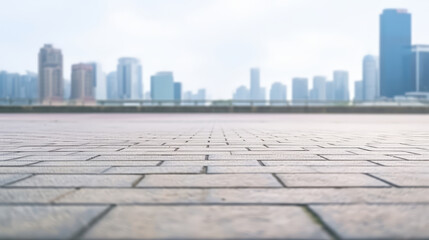 Selective focus , An Empty road floor surface with modern city landmark buildings,  safety on road