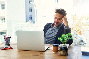 Poster - Laptop, reading and happy businessman in office for feedback, review or project planning report. Computer, research and male manager smile at email communication, results or b2b networking success