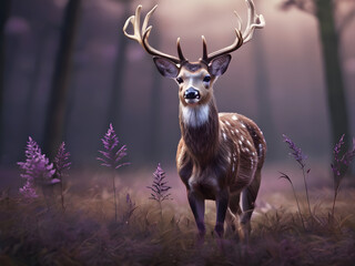 3d Illustration Art deer on grass with blurred purple background Artistic wallpaper design

