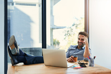 Aufkleber - Man, coffee and laptop to relax at desk, online and done with task or project and proposal in office. Male person, rest and accountant finish with report in workplace, consulting and calm for plan