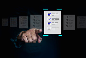 Businessman check and check mark on document online. Businessman tick off questionnaire, Business Agreements and Approvals, Digital checklist option. Check list concept.