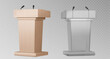 3d glass pulpit podium. Wood rostrum speech stand with speaker microphone for conference or debate. Isolated tribune design with mic for orator speaking with press or public ceremony communication.