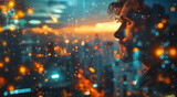 Fototapeta  - Profile of a man with a double exposure of city lights, representing business success against an evening sky. Generative AI